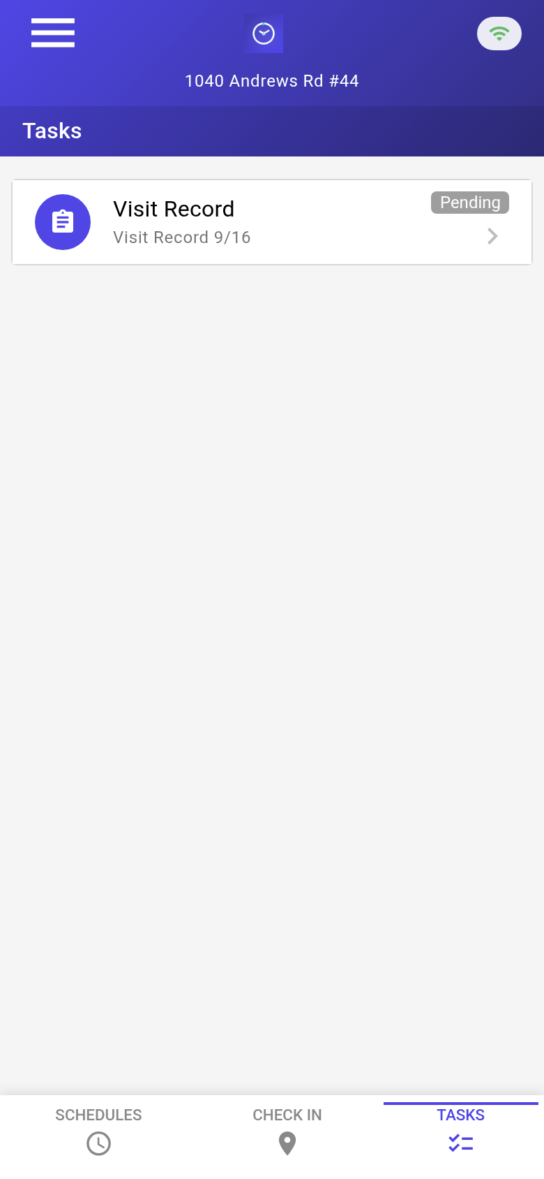 Tasks tab showing a pending Visit Record for a home-care shift