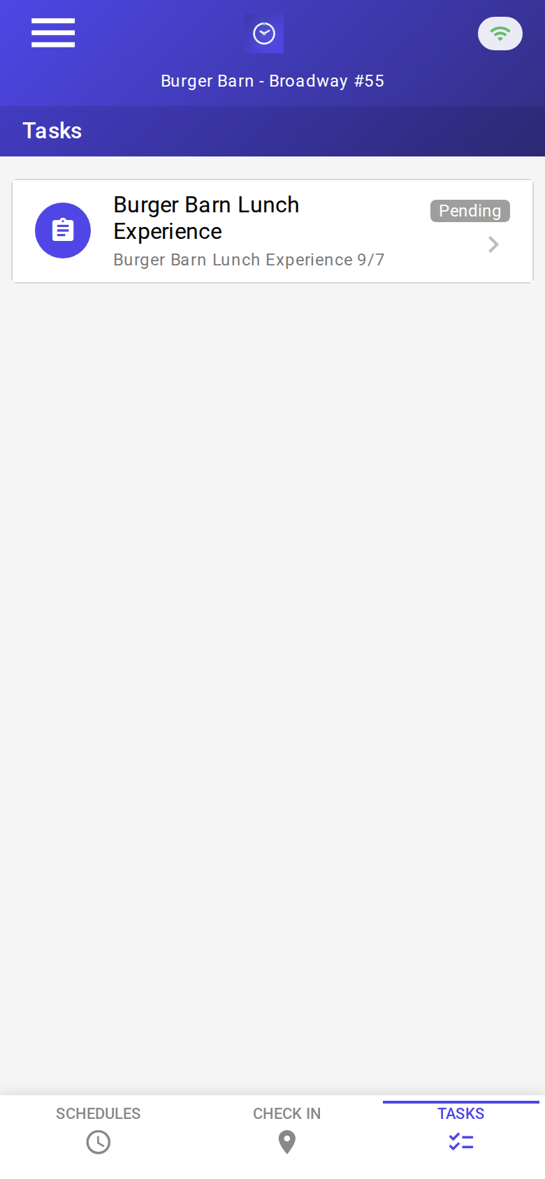 Tasks tab showing a pending Burger Barn Lunch Experience