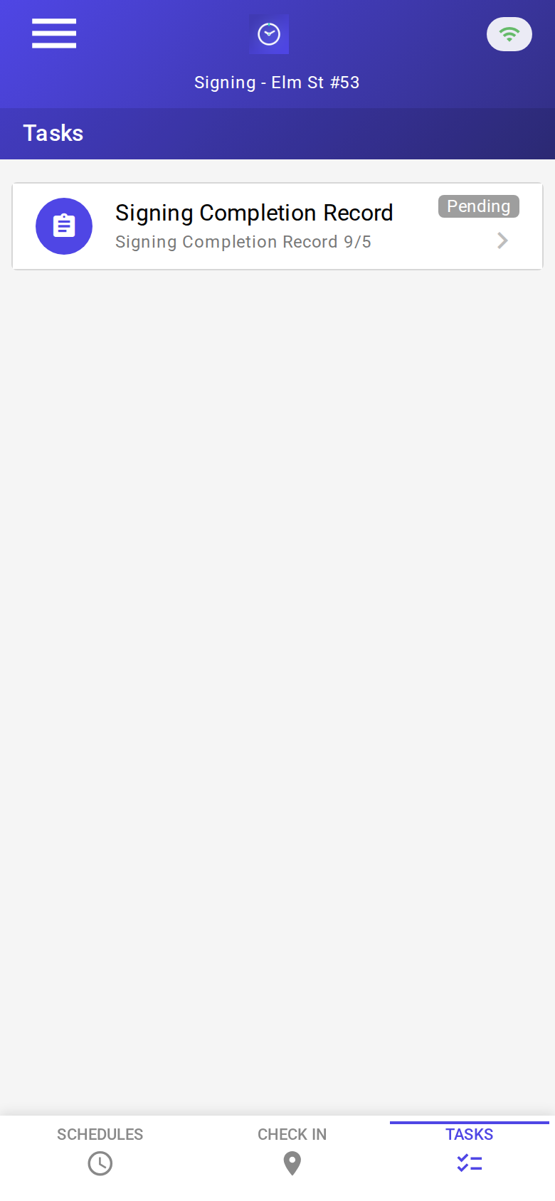 Tasks tab showing a pending Signing Completion Record