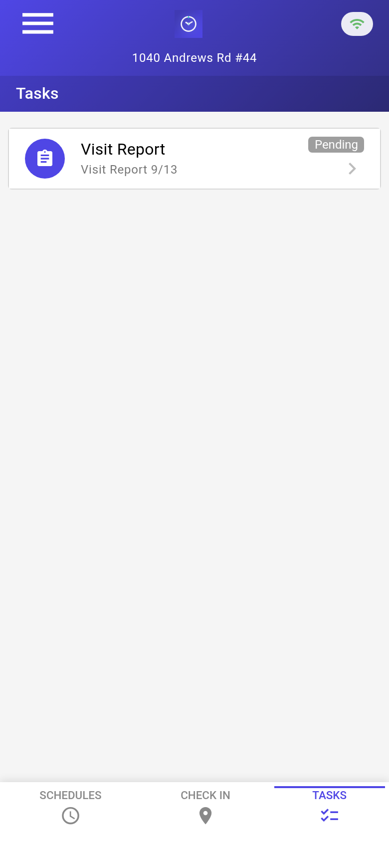 Tasks tab showing a pending Visit Report for September 13