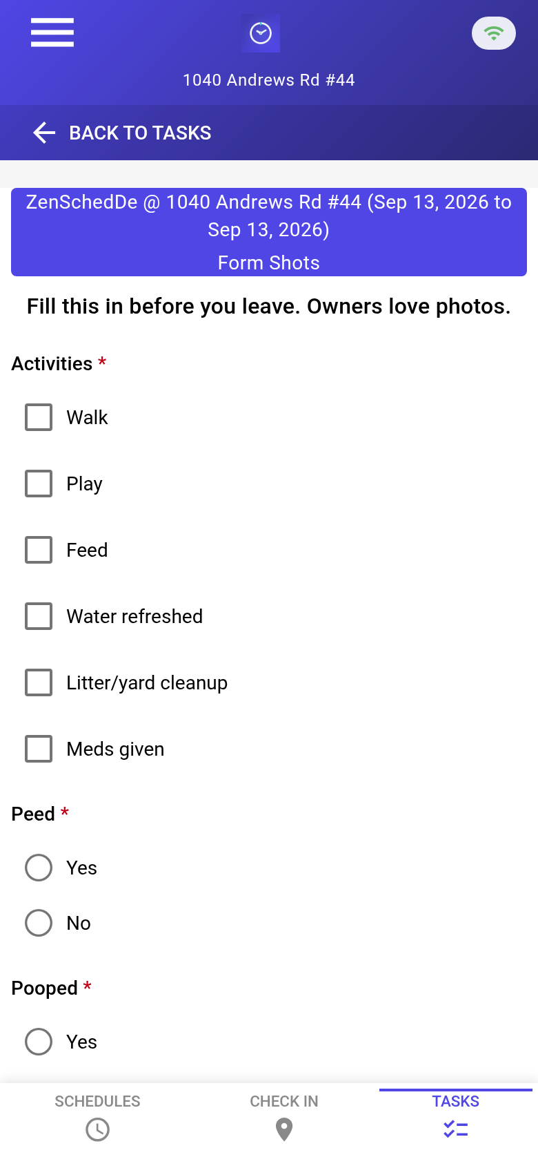 Empty Visit Report form showing activities checklist and conditionally hidden fields