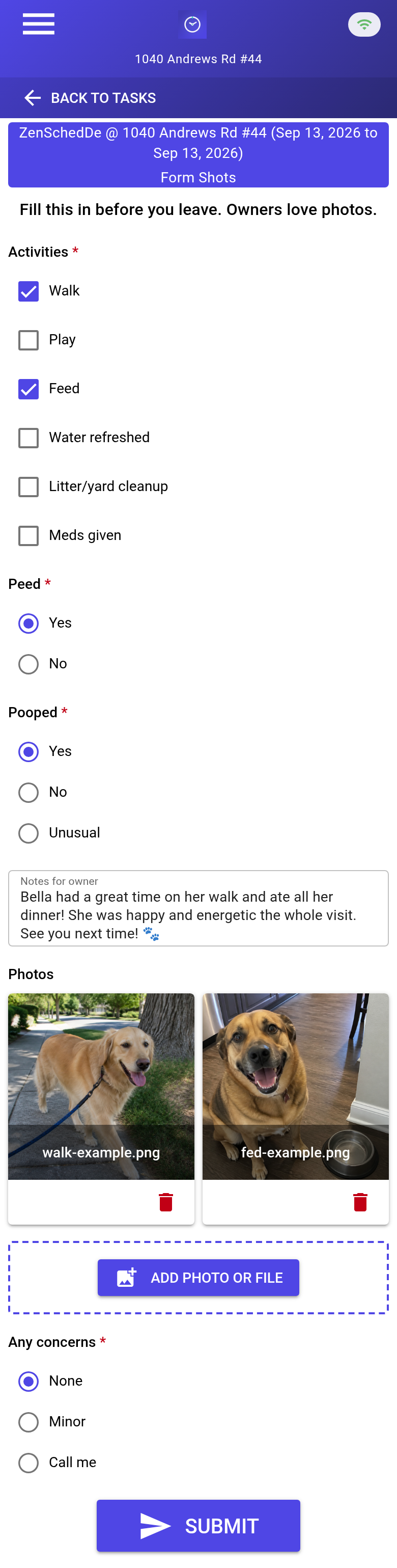 Completed Visit Report showing Walk and Feed checked, Yes for both Peed and Pooped, a note about Bella, two photos, and Any concerns set to None